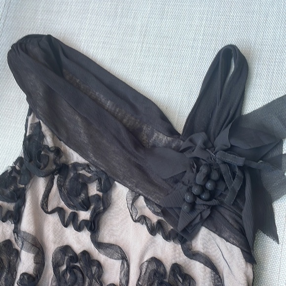 Vintage Style Evening Dress Black & Beige Rose Flower Netting Off Shoulder - Picture 4 of 6